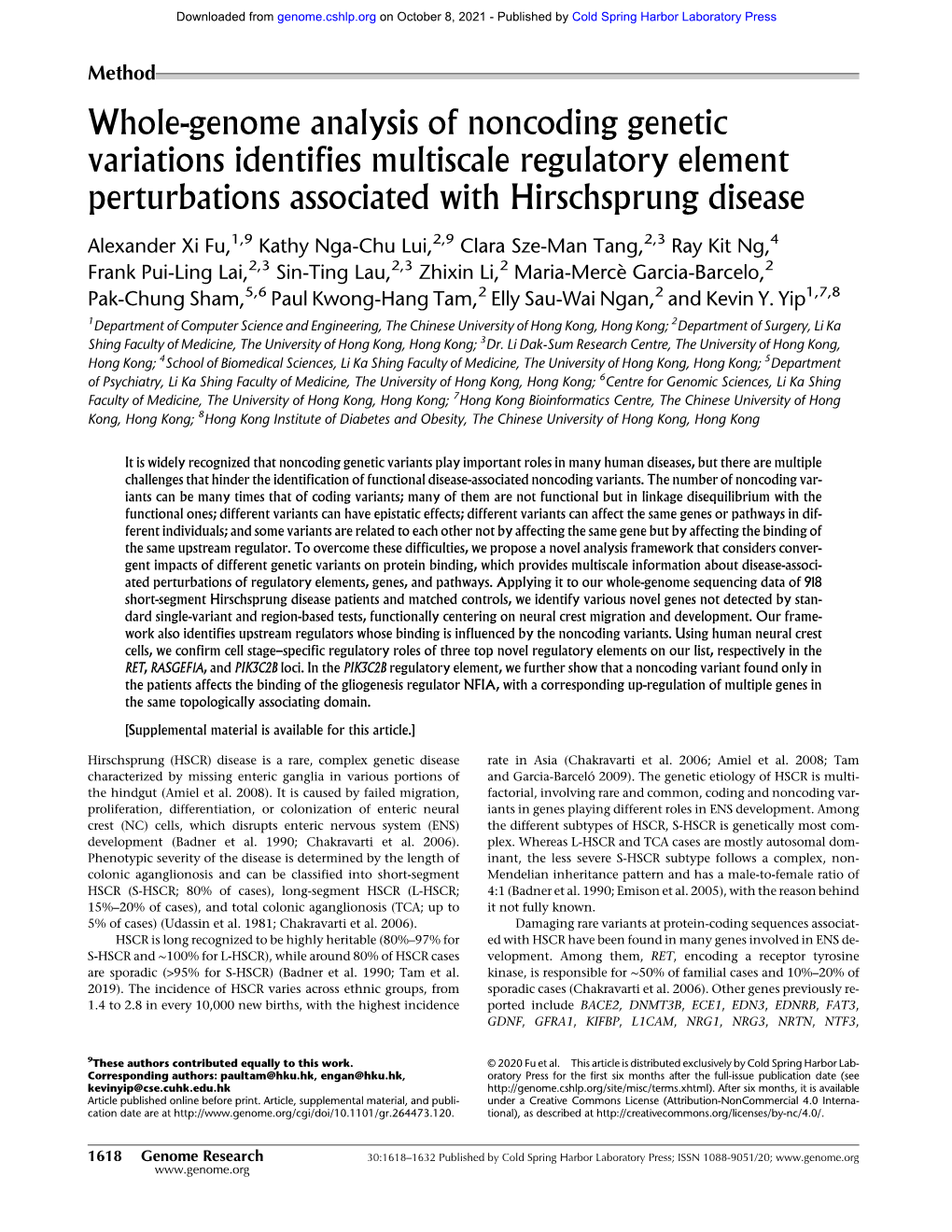 Whole-Genome Analysis of Noncoding Genetic Variations Identifies Multiscale Regulatory Element Perturbations Associated with Hirschsprung Disease