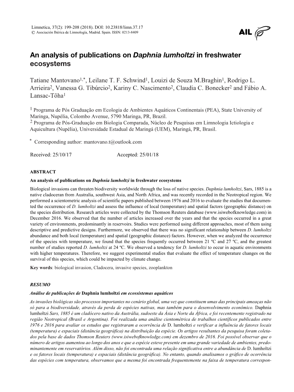 An Analysis of Publications on Daphnia Lumholtzi in Freshwater Ecosystems