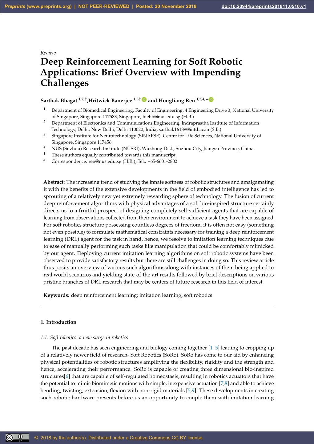 Deep Reinforcement Learning for Soft Robotic Applications: Brief Overview with Impending Challenges