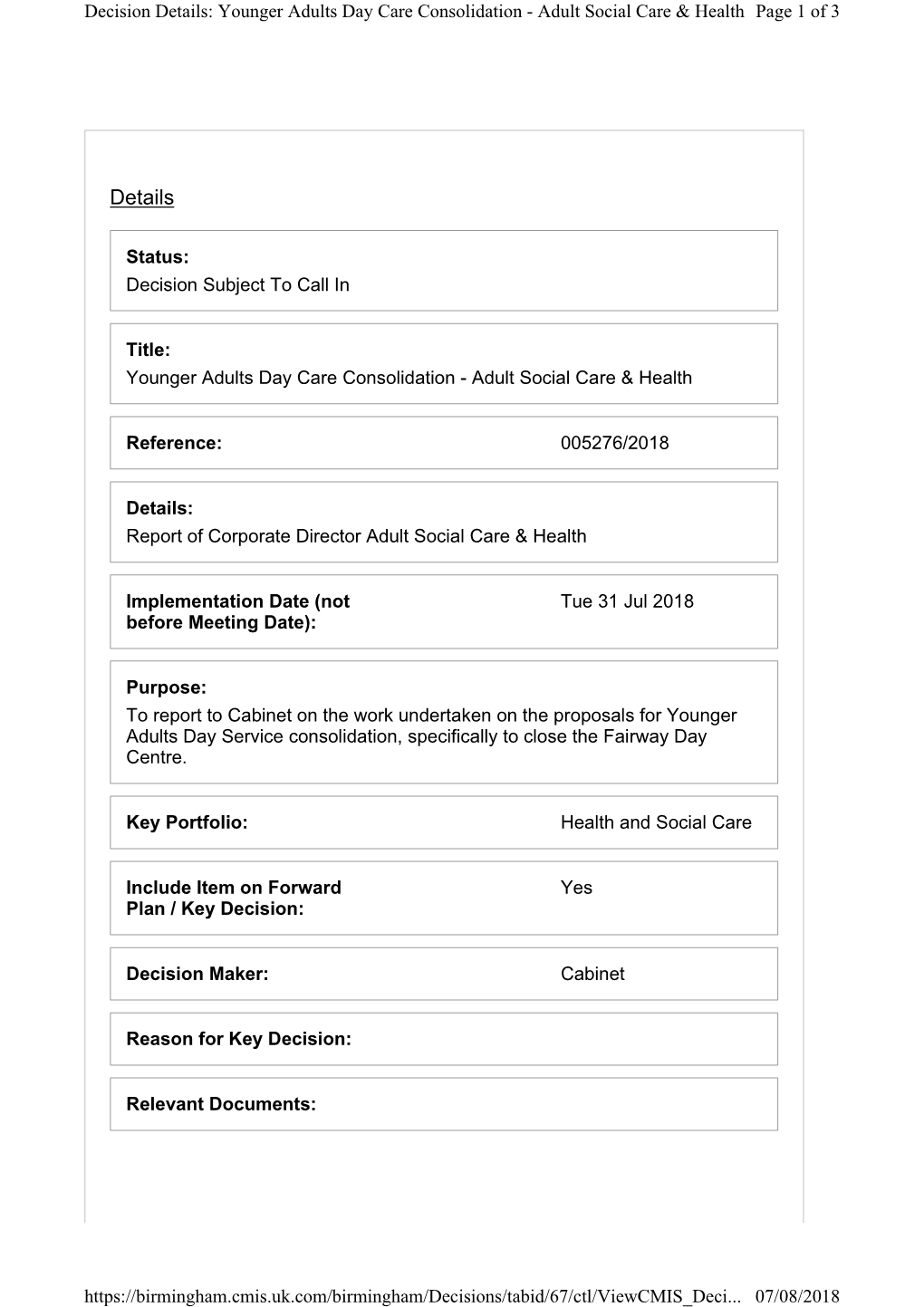 Decision Details: Younger Adults Day Care Consolidation - Adult Social Care & Health Page 1 of 3