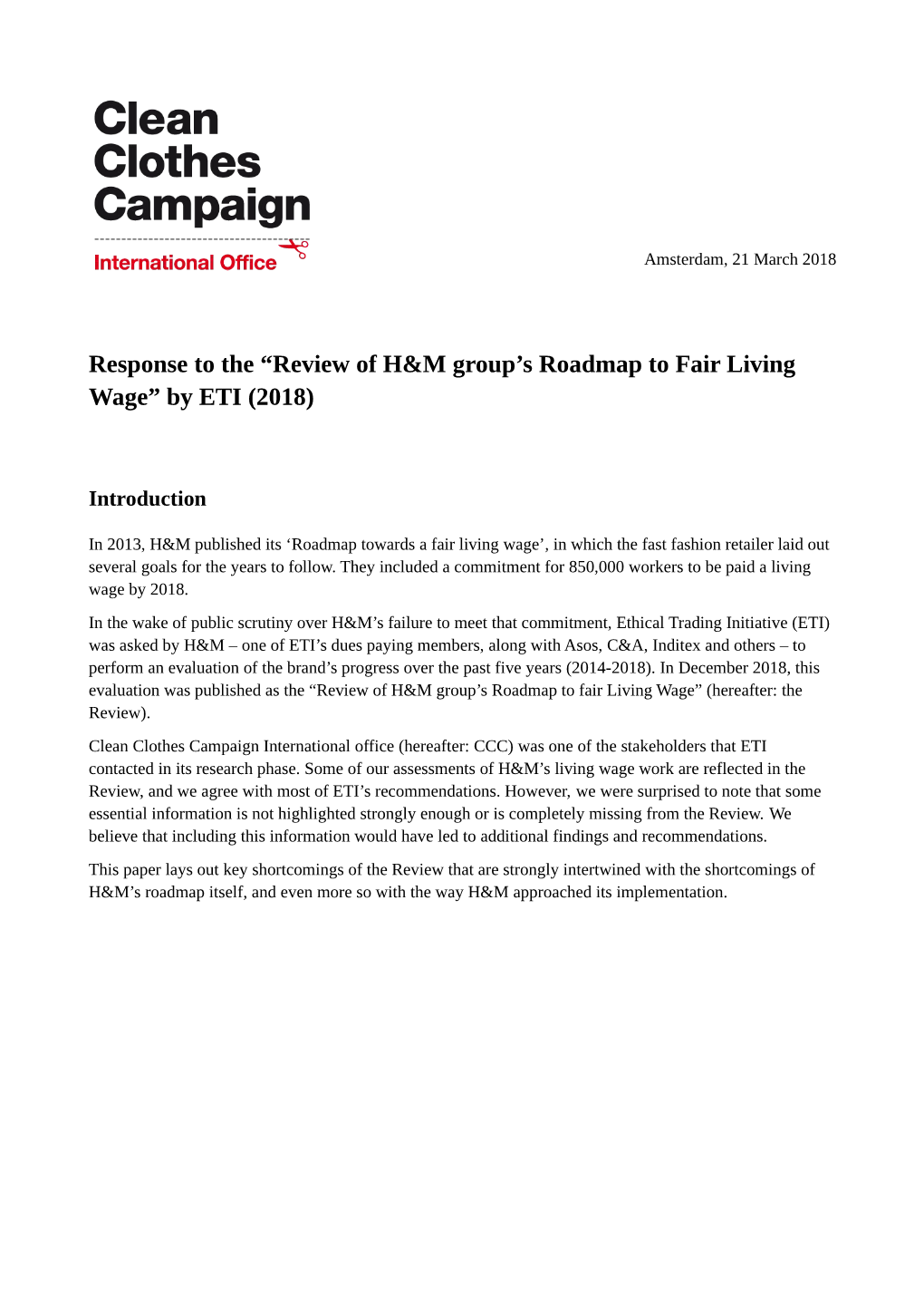 Review of H&M Group's Roadmap to Fair Living Wage