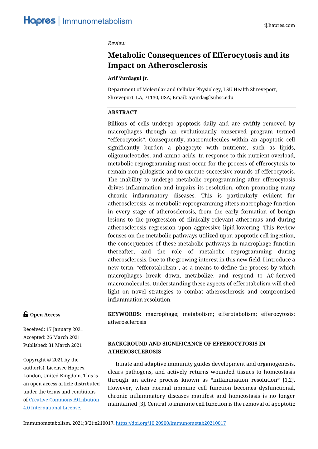 Metabolic Consequences of Efferocytosis and Its Impact on Atherosclerosis