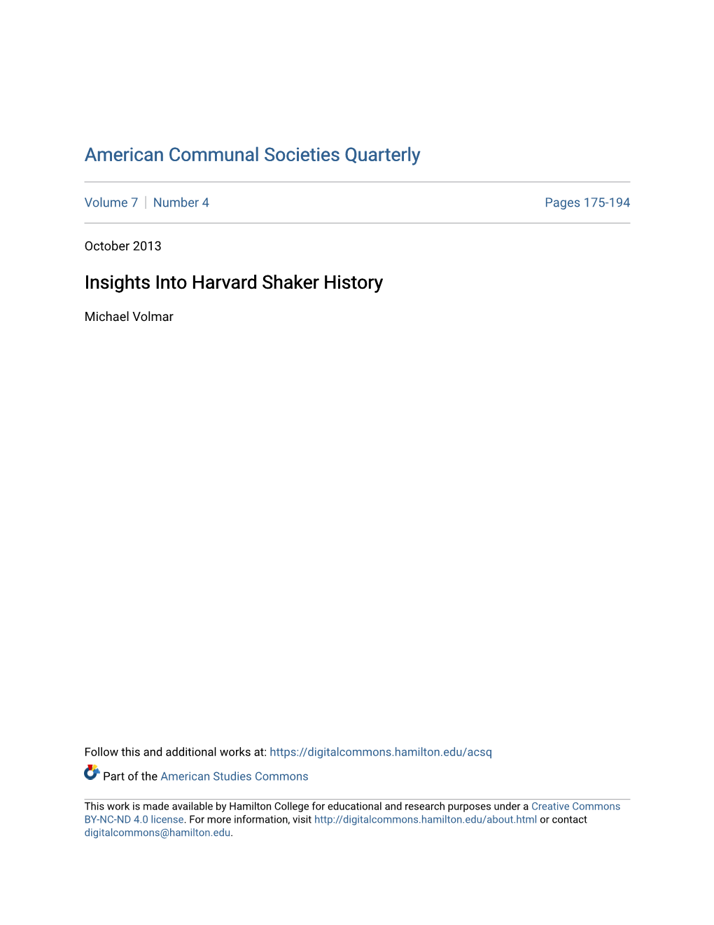 Insights Into Harvard Shaker History