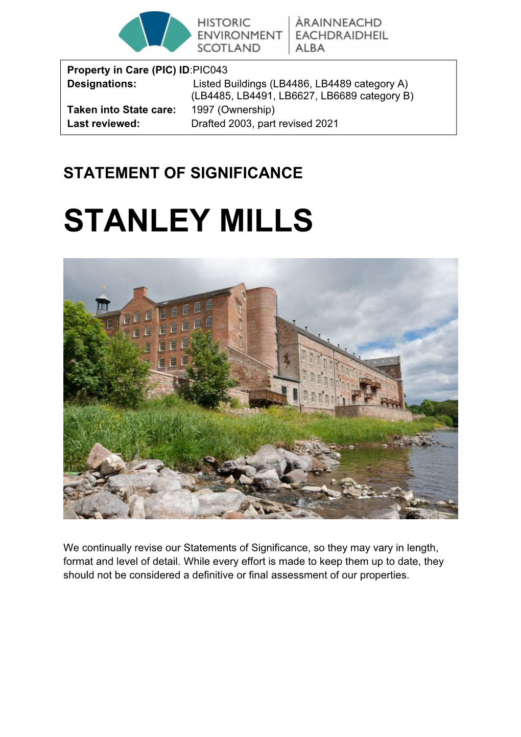 Stanley Mills Statement of Significance