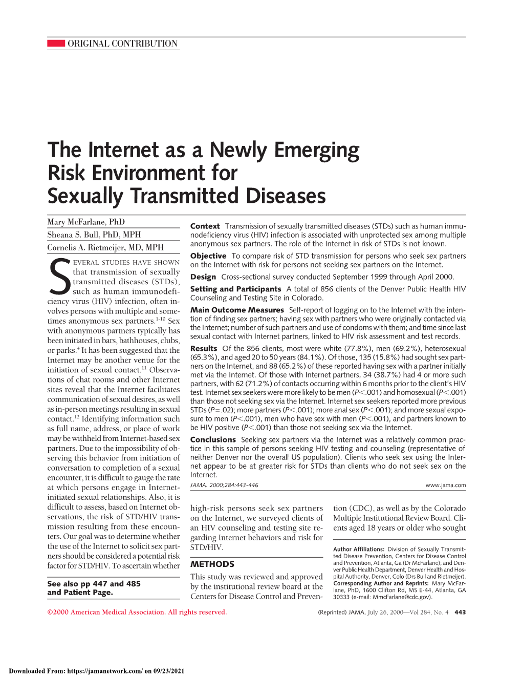 The Internet As a Newly Emerging Risk Environment for Sexually Transmitted Diseases