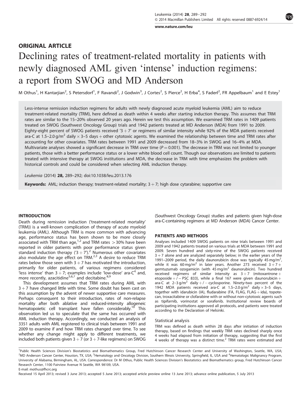 Declining Rates of Treatment-Related Mortality in Patients with Newly Diagnosed AML Given ‘Intense’ Induction Regimens: a Report from SWOG and MD Anderson