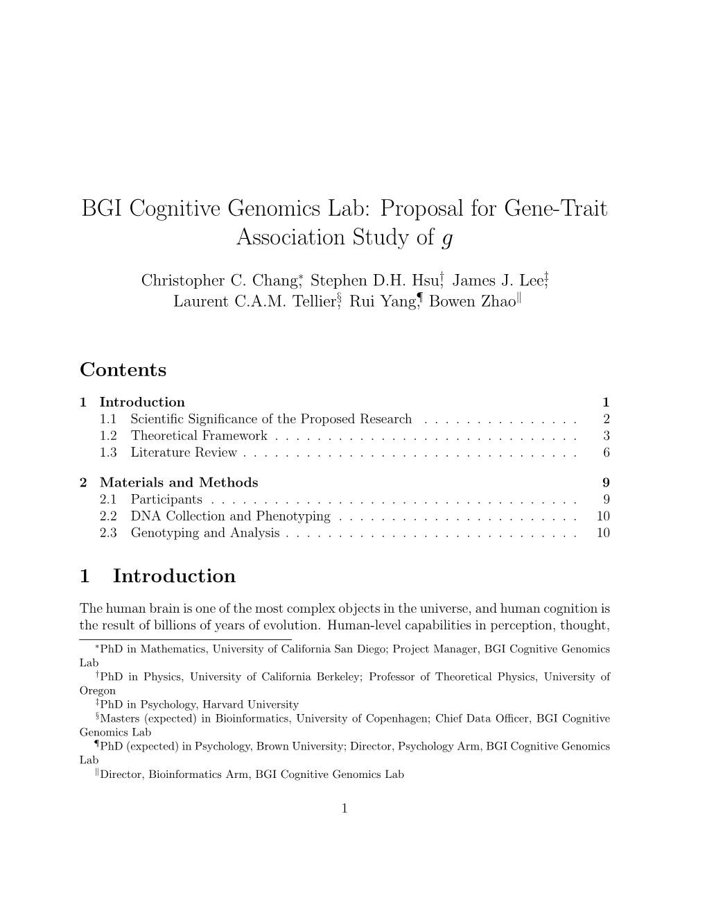 BGI Cognitive Genomics Lab: Proposal for Gene-Trait Association Study of G