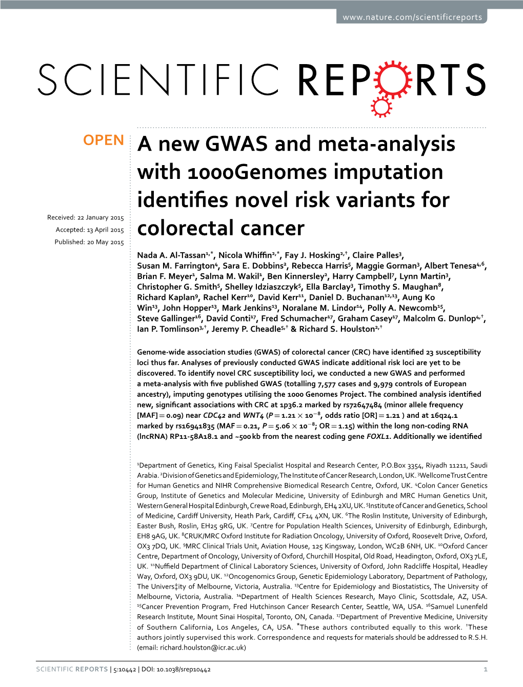 A New GWAS and Meta-Analysis with 1000Genomes Imputation Identifies Novel Risk Variants for Colorectal Cancer