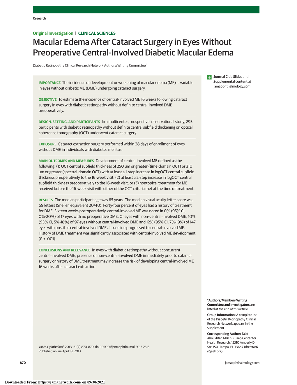 Macular Edema After Cataract Surgery in Eyes Without Preoperative Central-Involved Diabetic Macular Edema