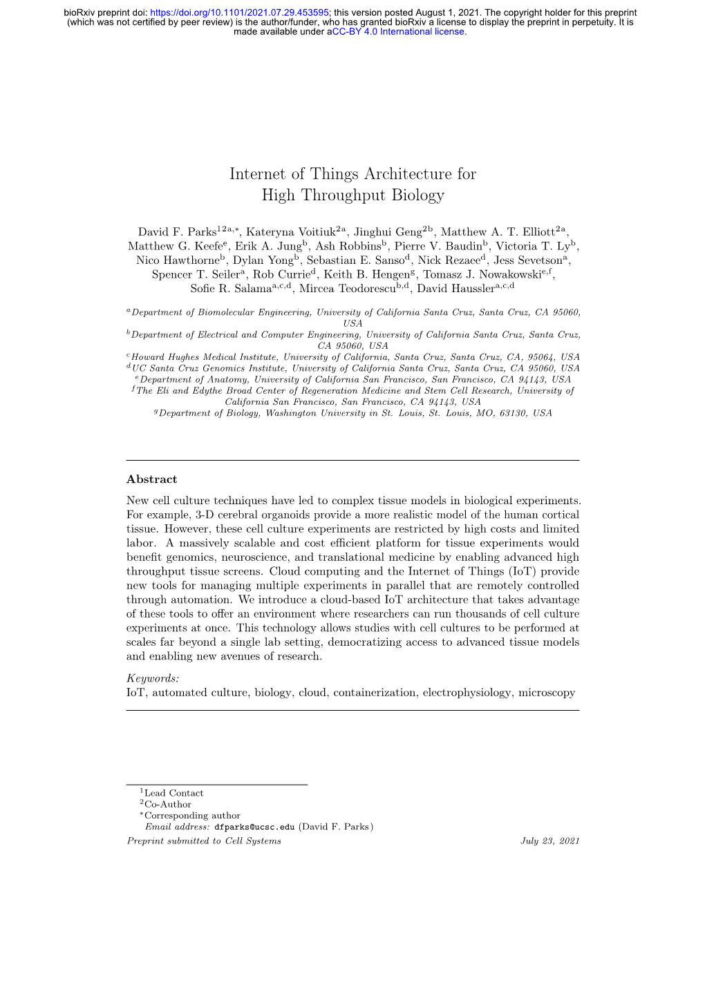 Internet of Things Architecture for High Throughput Biology
