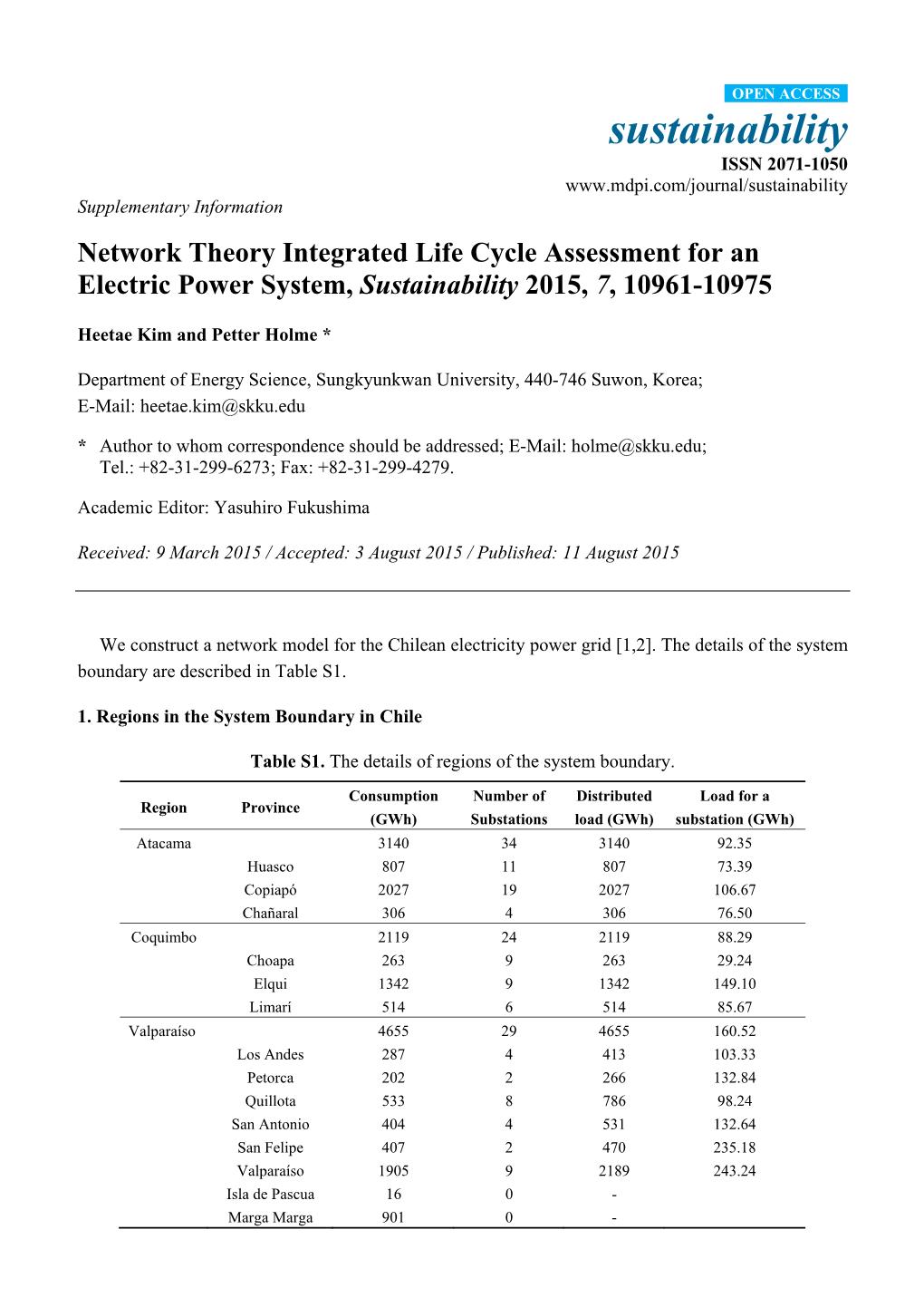 Network Theory Integrated Life Cycle Assessment for an Electric Power System, Sustainability 2015, 7, 10961-10975