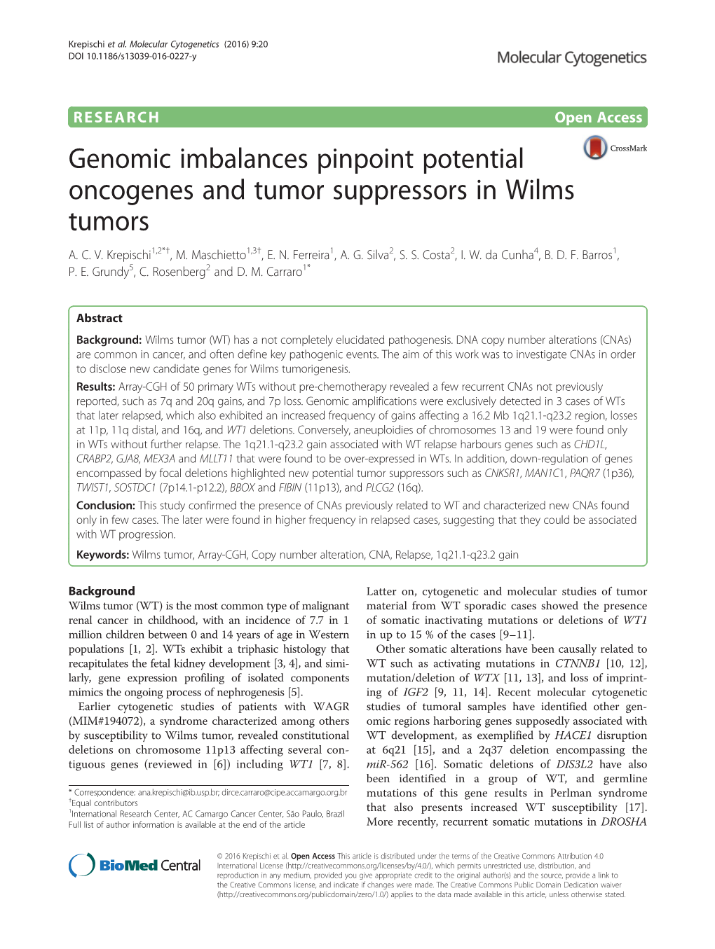 Genomic Imbalances Pinpoint Potential Oncogenes and Tumor Suppressors in Wilms Tumors A