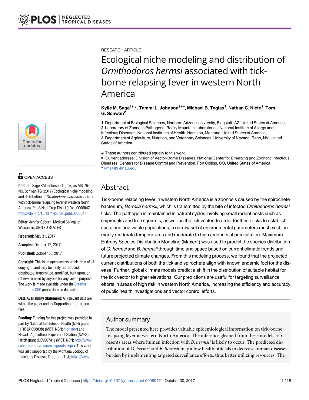 Ecological Niche Modeling and Distribution of Ornithodoros Hermsi Associated with Tick- Borne Relapsing Fever in Western North America