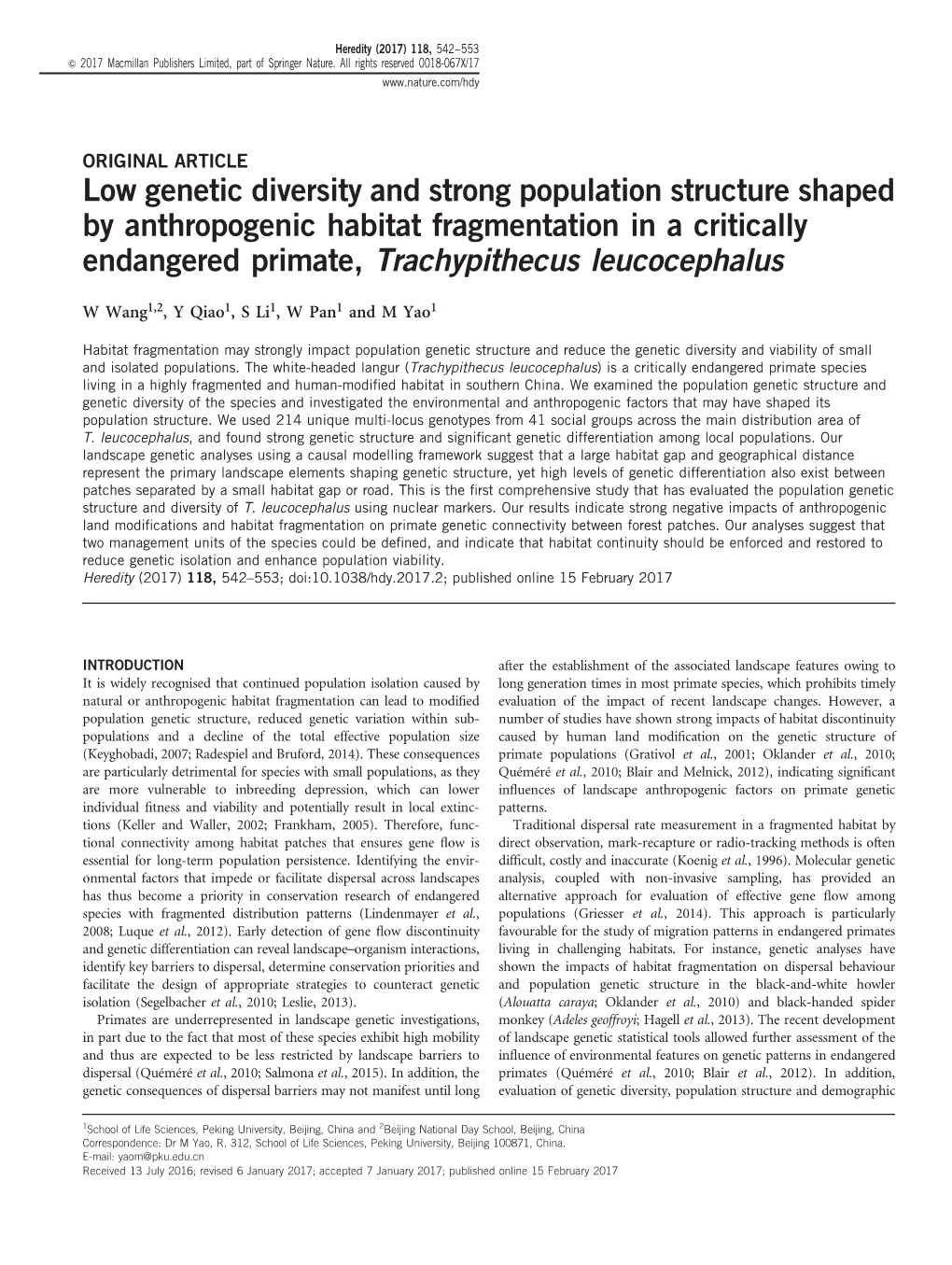 Low Genetic Diversity and Strong Population Structure Shaped by Anthropogenic Habitat Fragmentation in a Critically Endangered Primate, Trachypithecus Leucocephalus