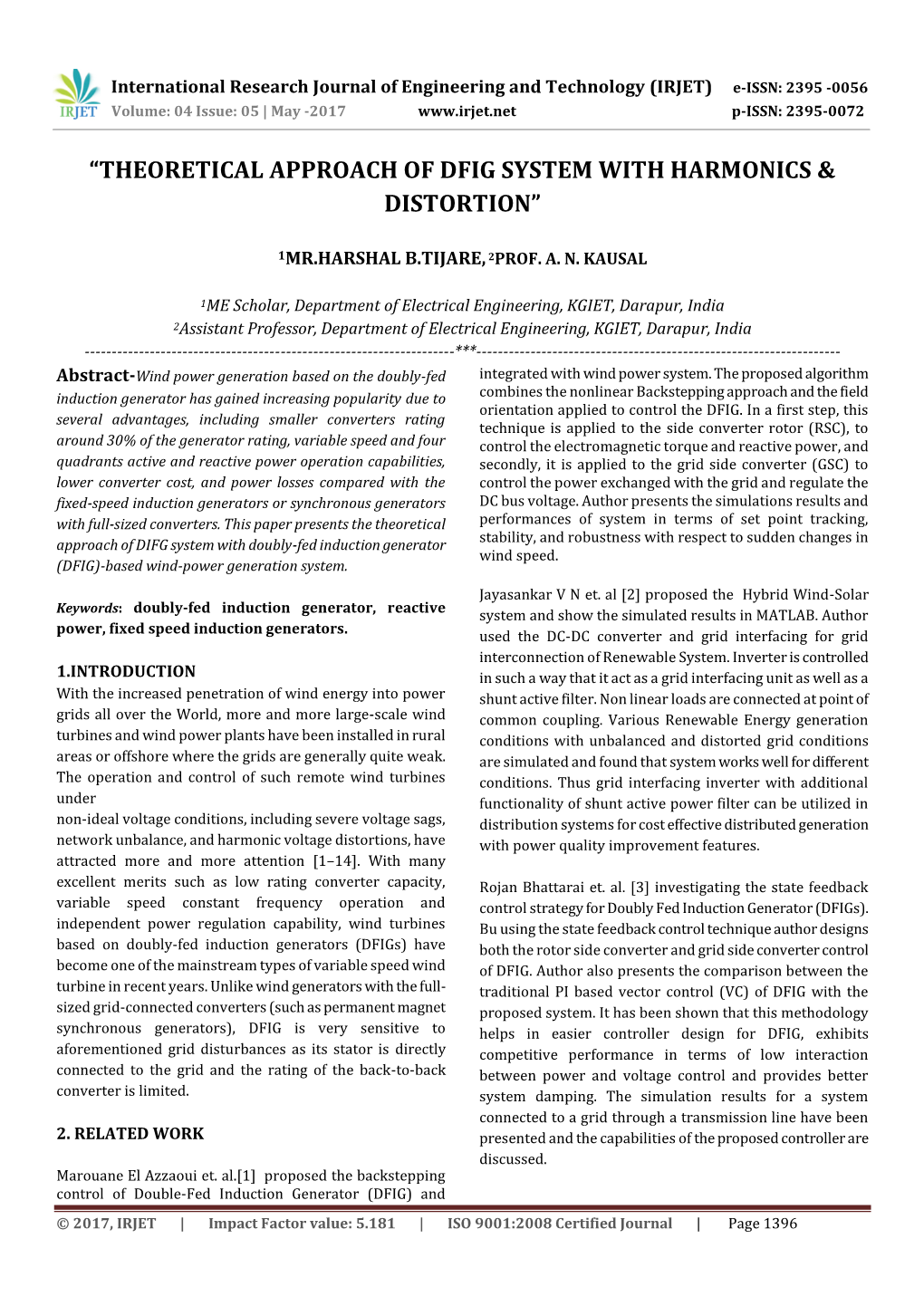 Theoretical Approach of Dfig System with Harmonics & Distortion”