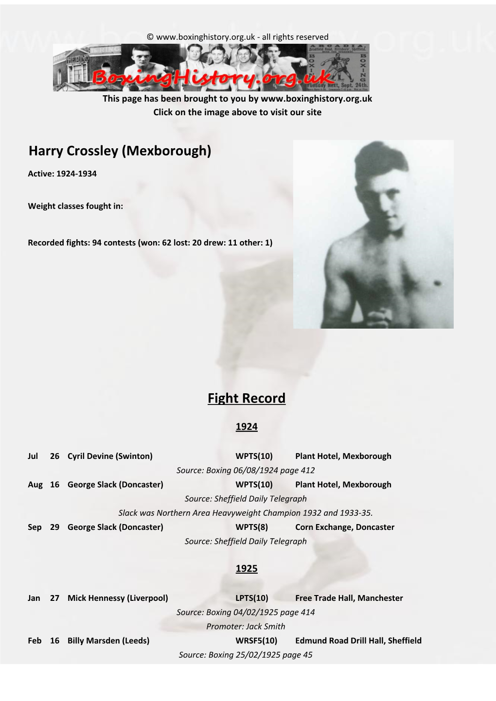 Fight Record Harry Crossley