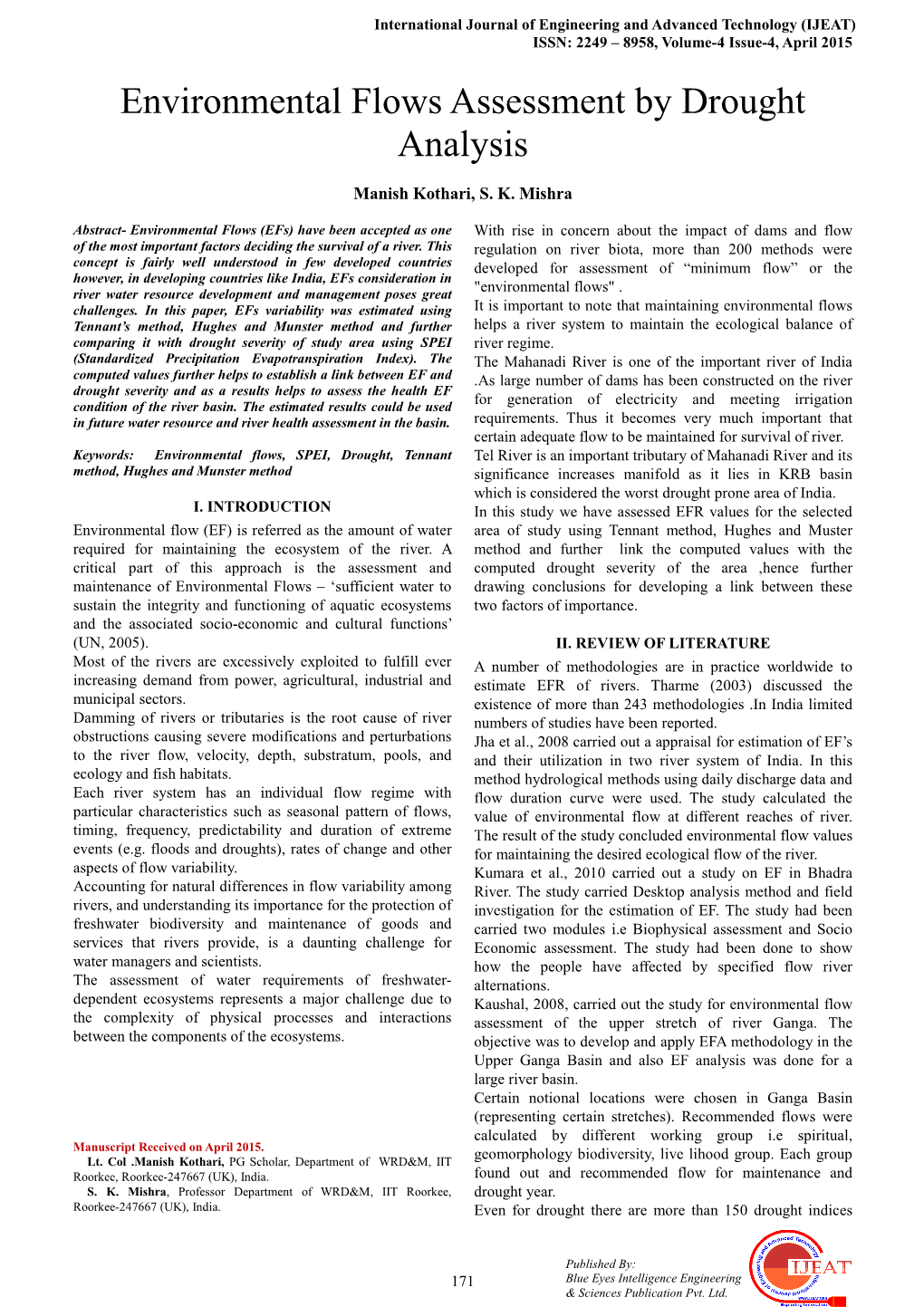 Environmental Flows Assessment by Drought Analysis