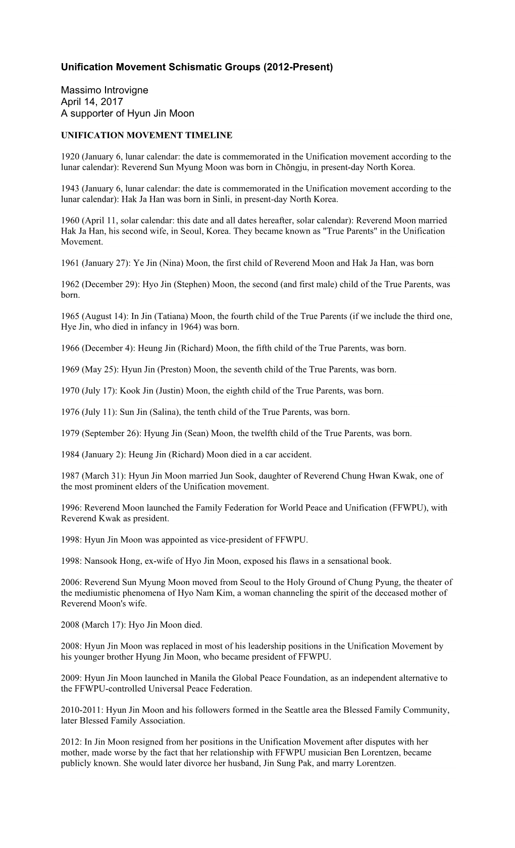 Unification Movement Schismatic Groups (2012-Present)