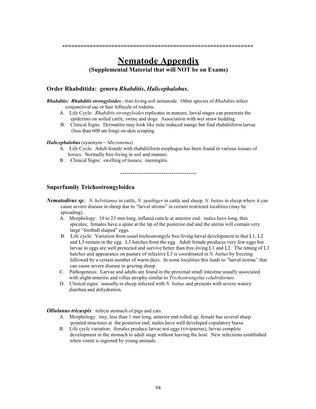 Nematode Appendix (Supplemental Material That Will NOT Be on Exams)
