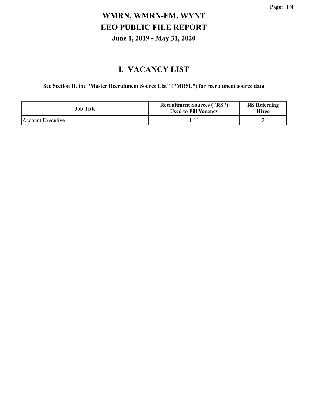 Wmrn, Wmrn-Fm, Wynt Eeo Public File Report I. Vacancy List