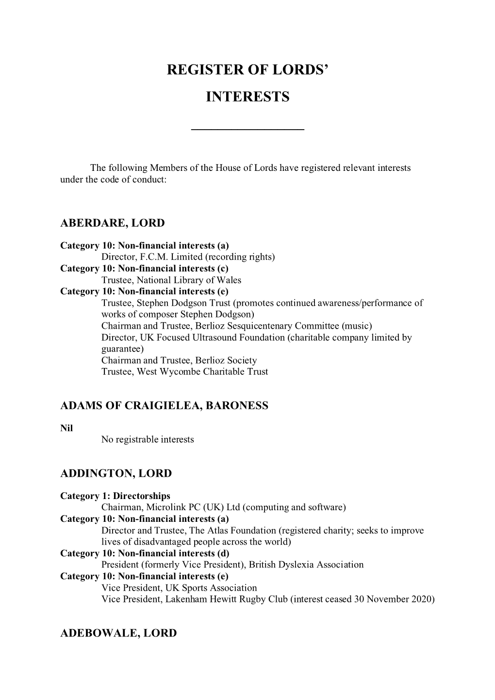 Register of Lords' Interests