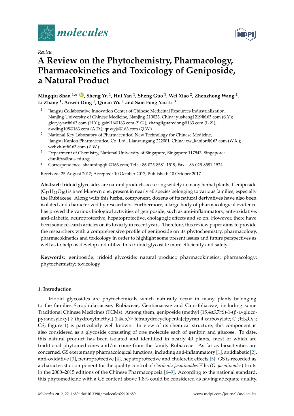 A Review on the Phytochemistry, Pharmacology, Pharmacokinetics and Toxicology of Geniposide, a Natural Product