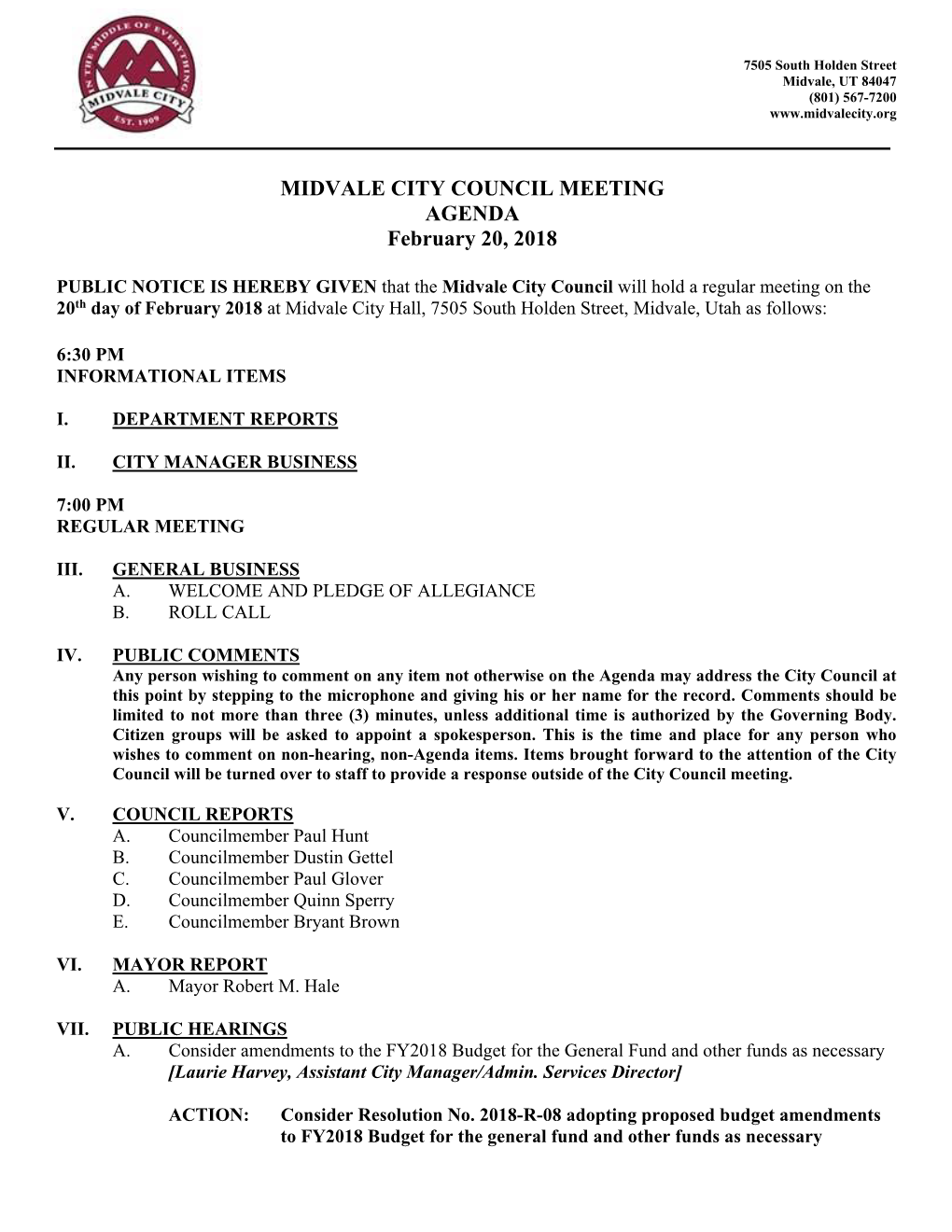 MIDVALE CITY COUNCIL MEETING AGENDA February 20, 2018