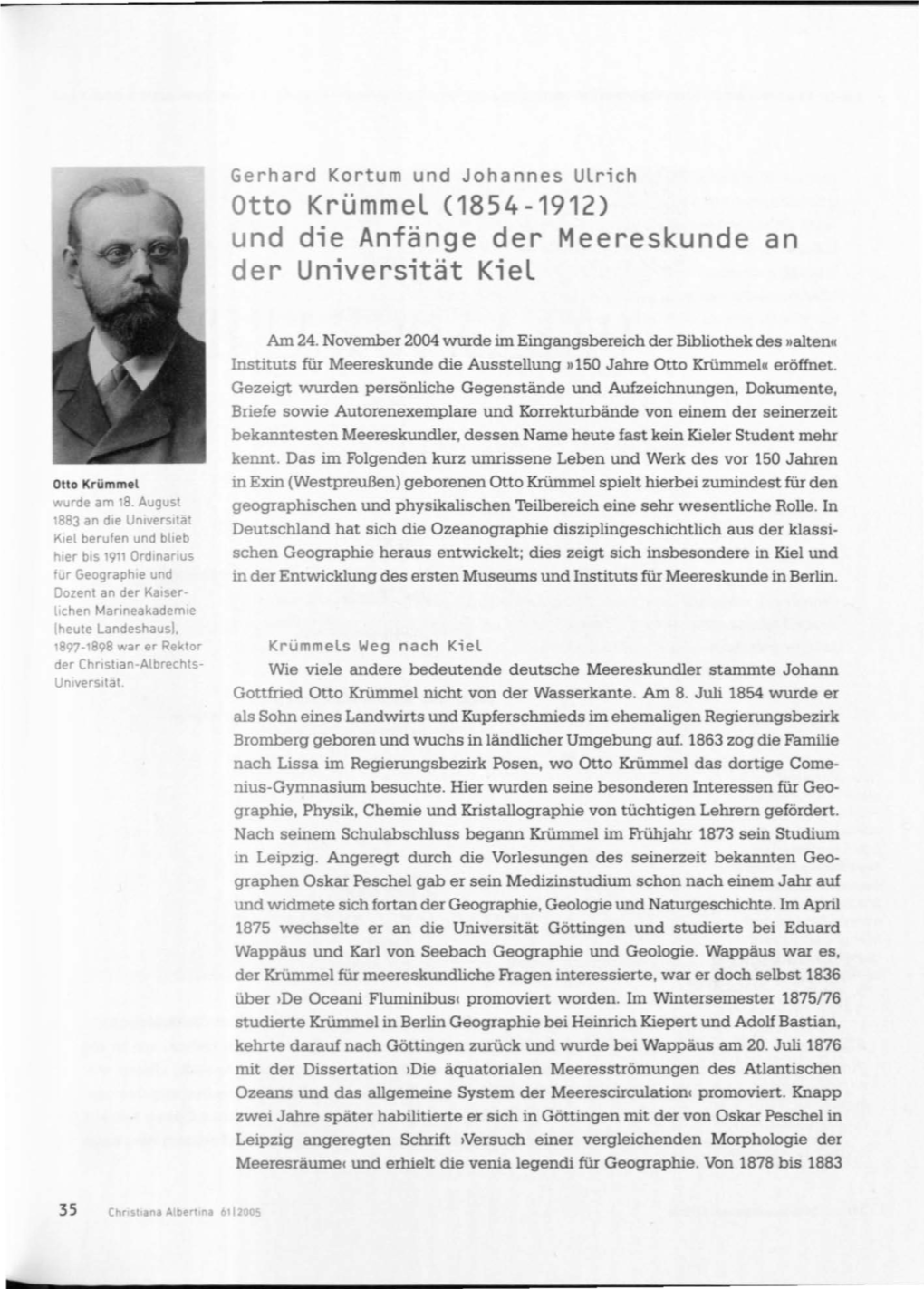 Otto Krümmel (1854-1912) Und Die Anfänge Der Meereskunde an Der Universität Kiel