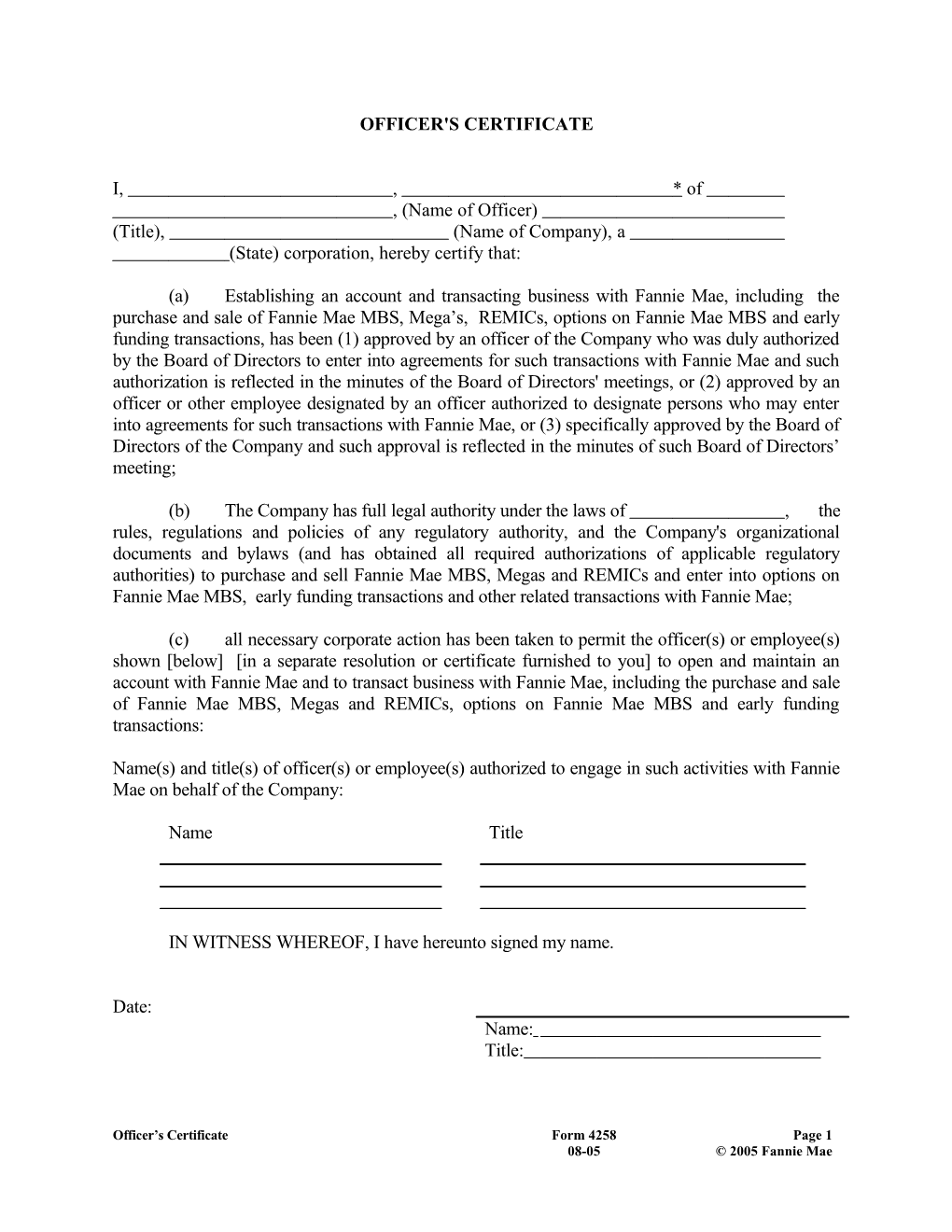 OFFICER's CERTIFICATE Form 4258