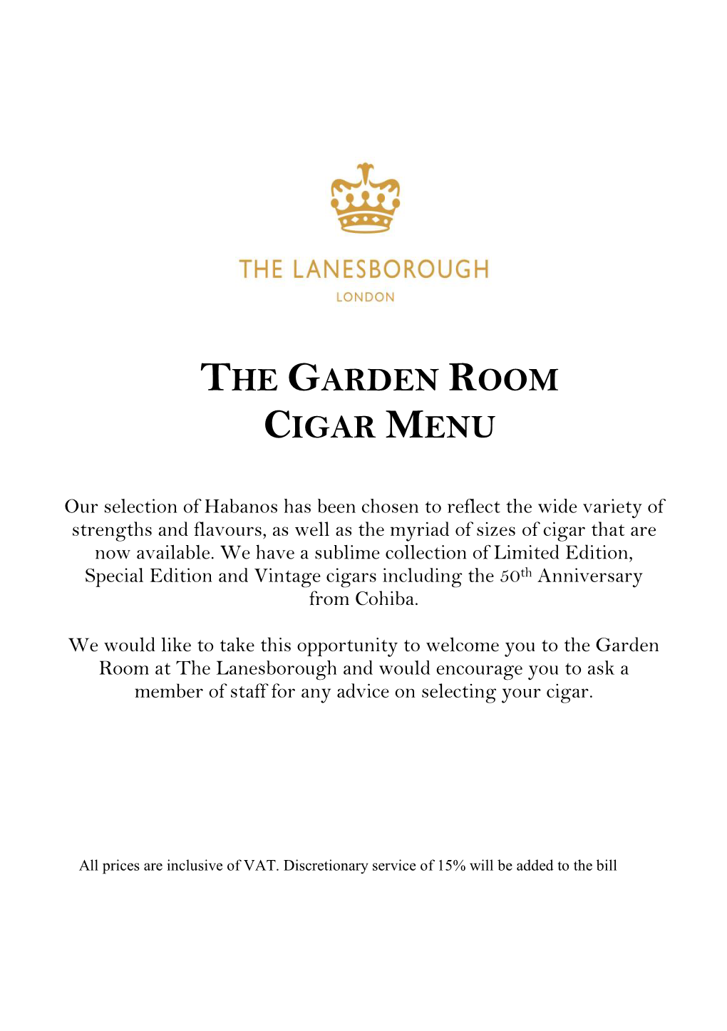 The Garden Room Cigar Menu