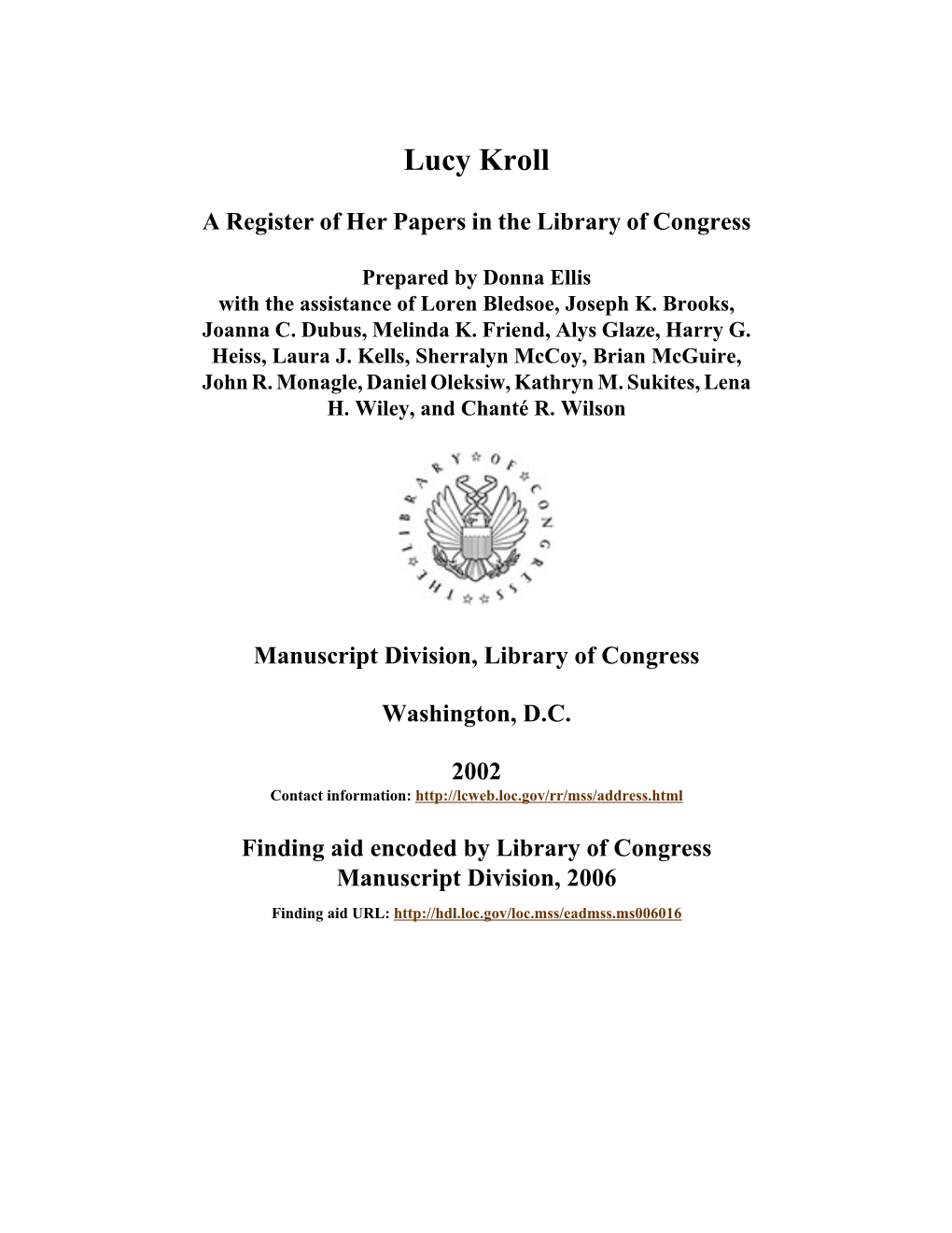 Papers of Lucy Kroll [Finding Aid]. Library of Congress