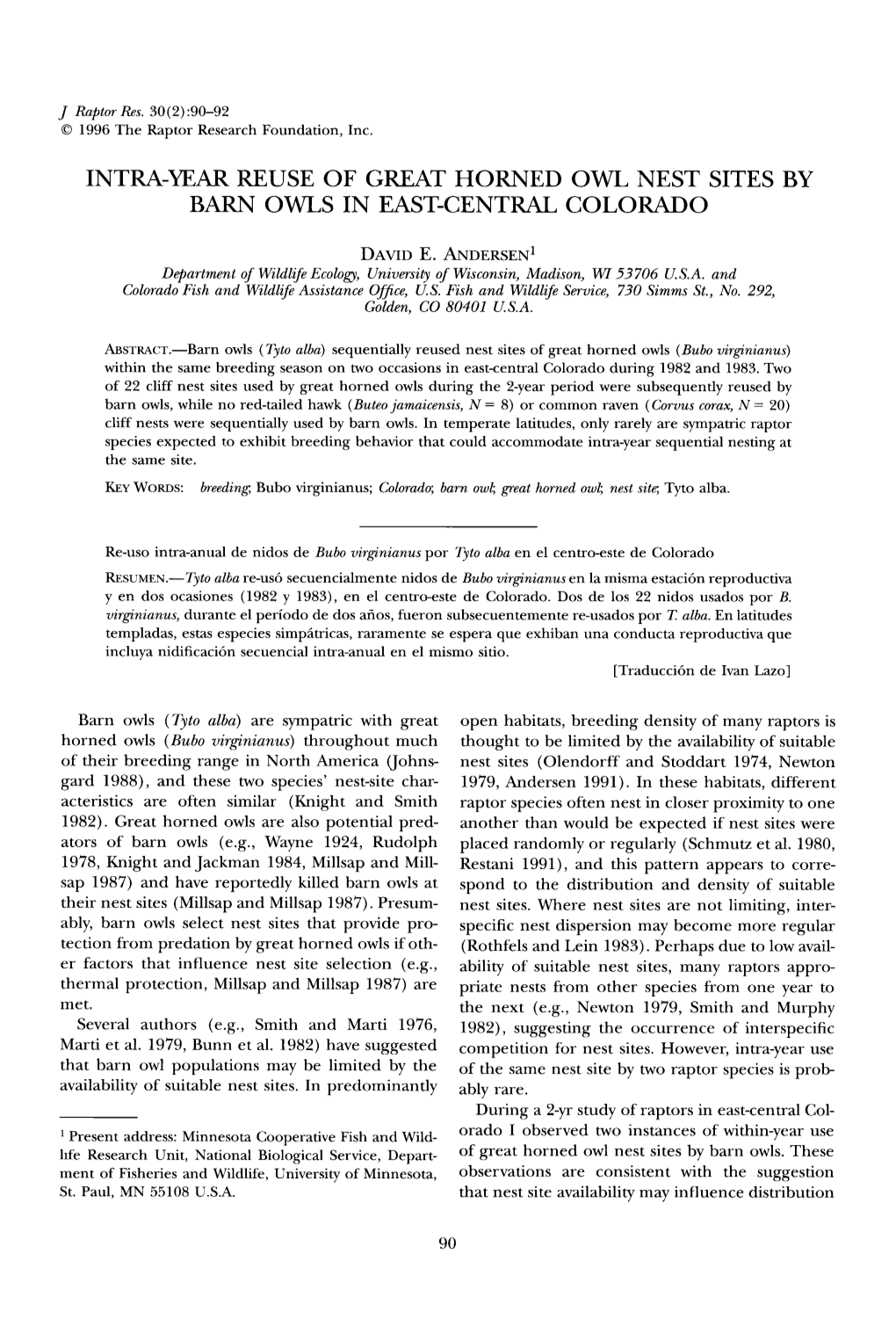 Year Reuse of Great Horned Owl Nest Sites by Barn Owls in East-Central Colorado