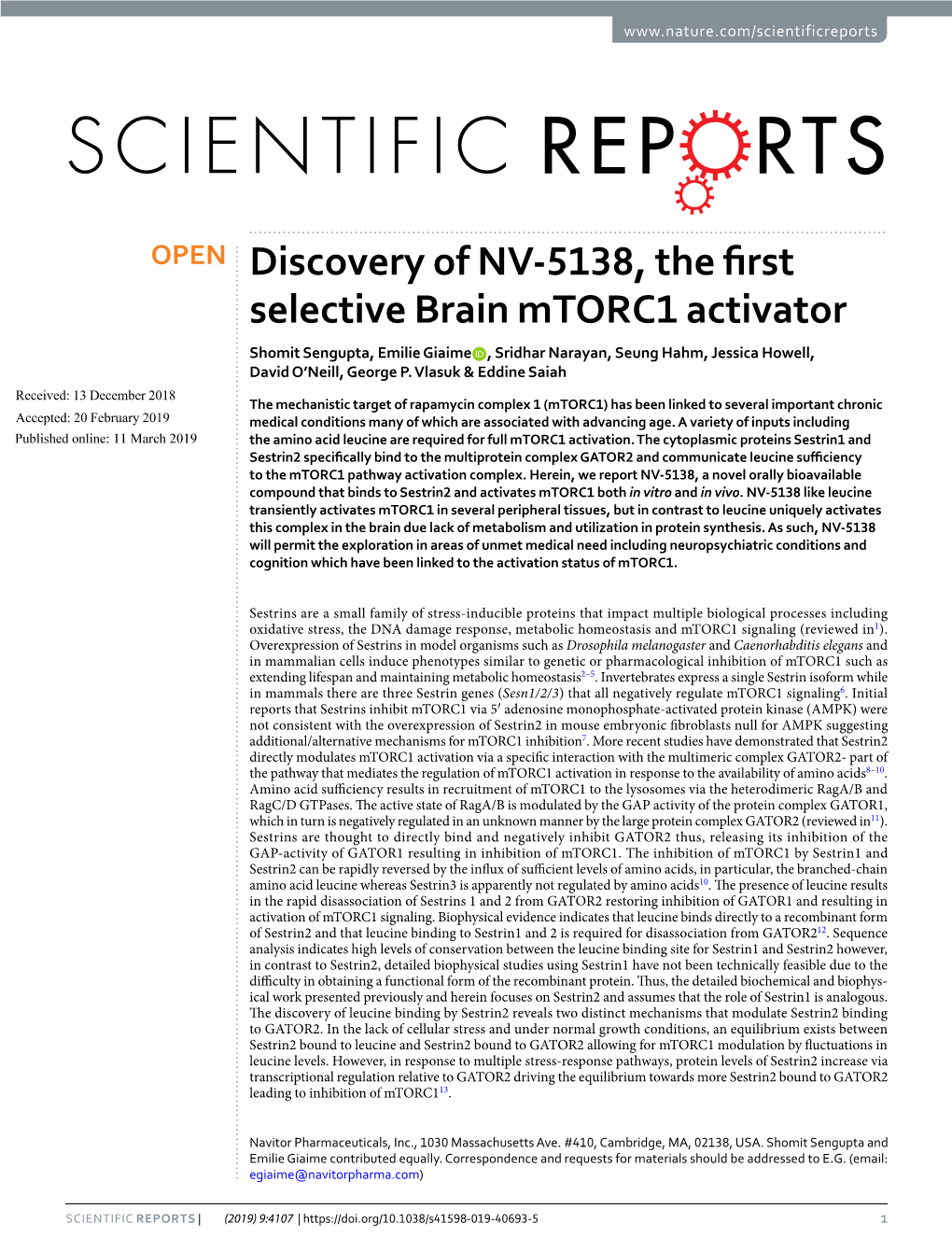 Discovery of NV-5138, the First Selective Brain Mtorc1 Activator