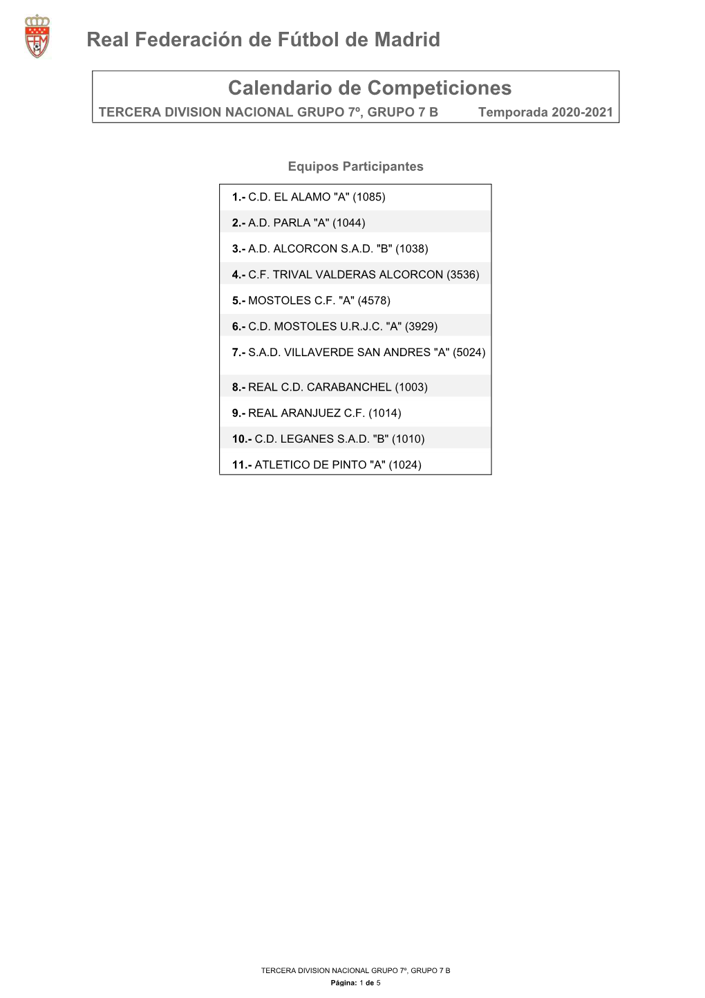 Calendario Tercera 7B