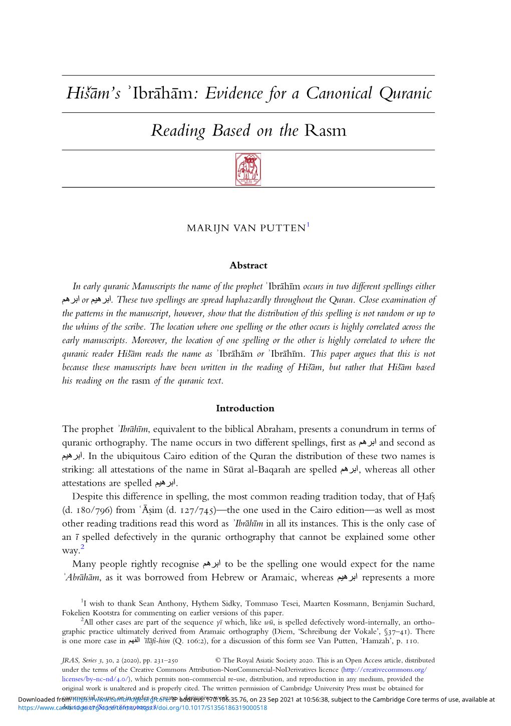 Hišām's ʾibrāhām: Evidence for a Canonical Quranic Reading Based