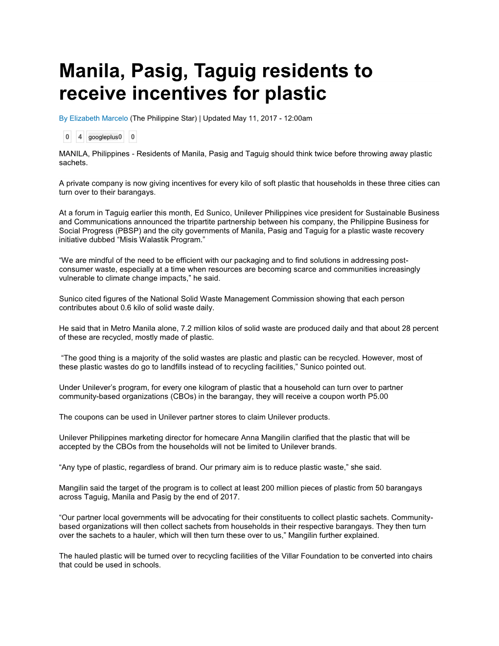 Manila, Pasig, Taguig Residents to Receive Incentives for Plastic