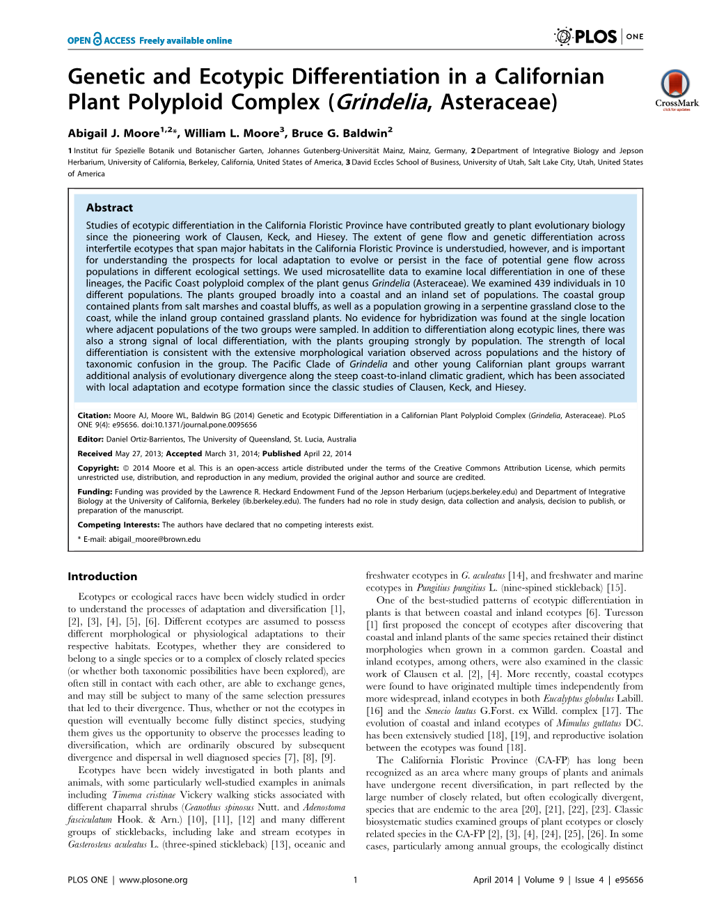 Genetic and Ecotypic Differentiation in a Californian Plant Polyploid Complex (Grindelia, Asteraceae)