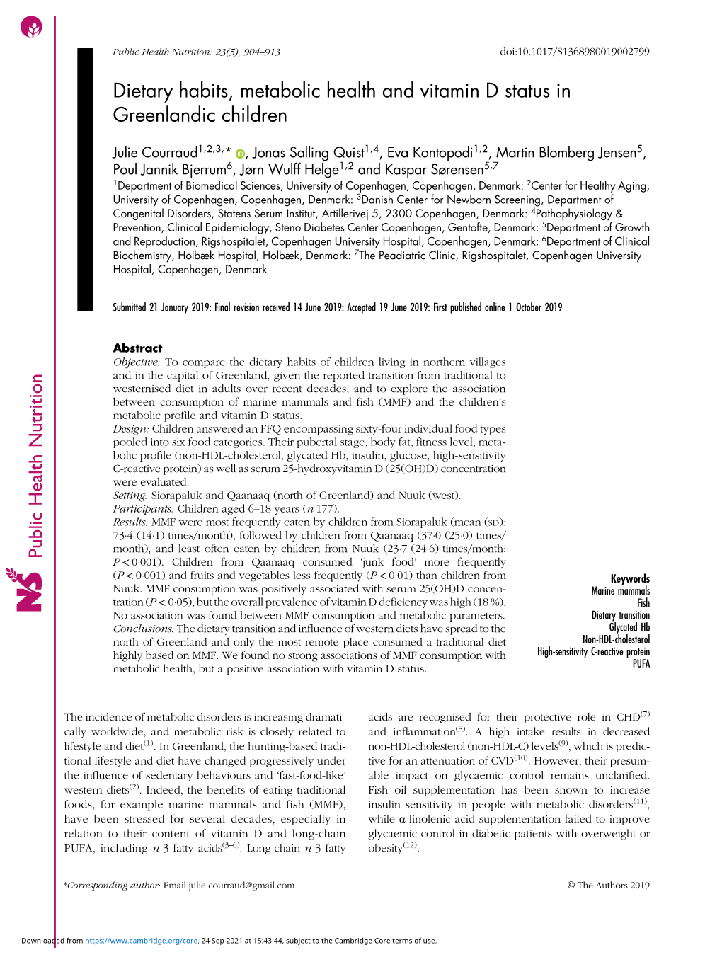 Dietary Habits, Metabolic Health and Vitamin D Status in Greenlandic Children