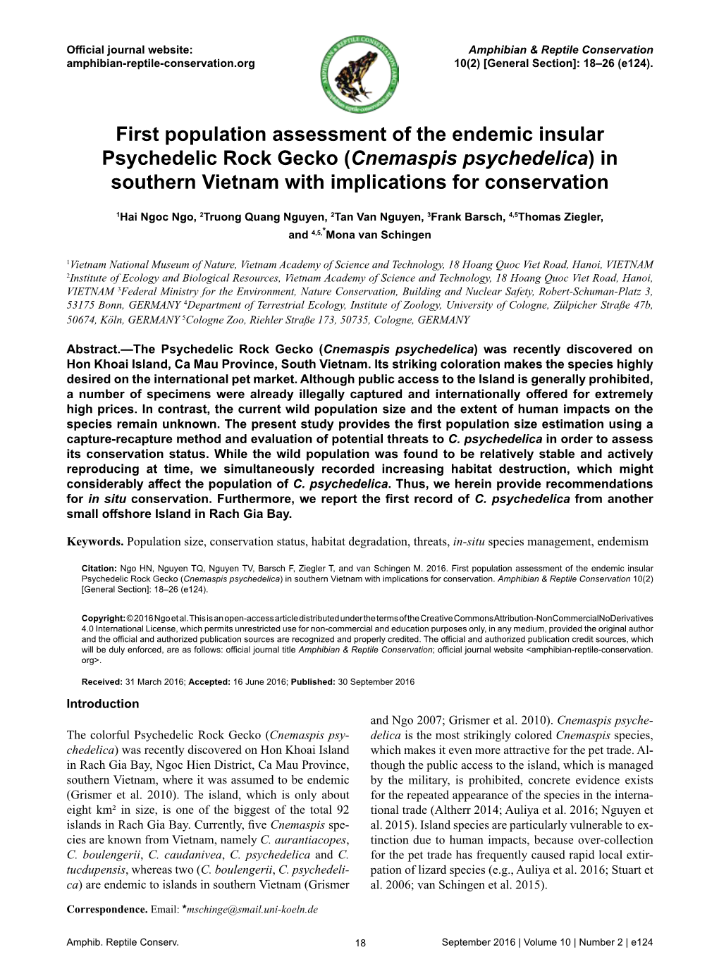 Cnemaspis Psychedelica) in Southern Vietnam with Implications for Conservation