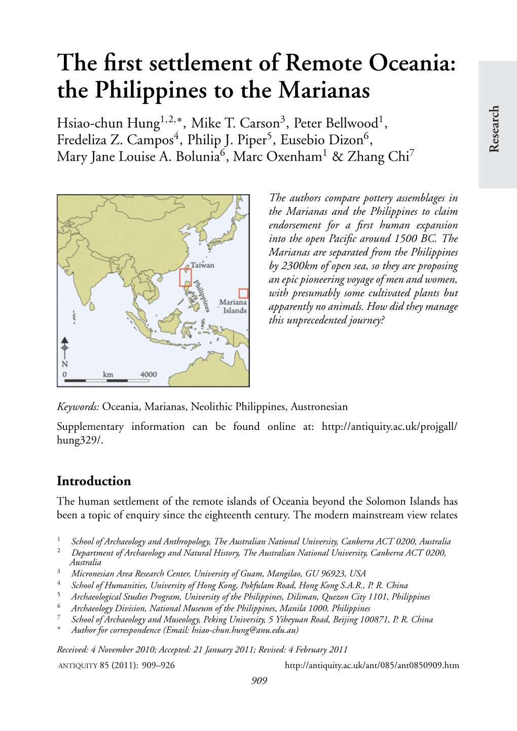 The First Settlement of Remote Oceania: the Philippines to the Marianas