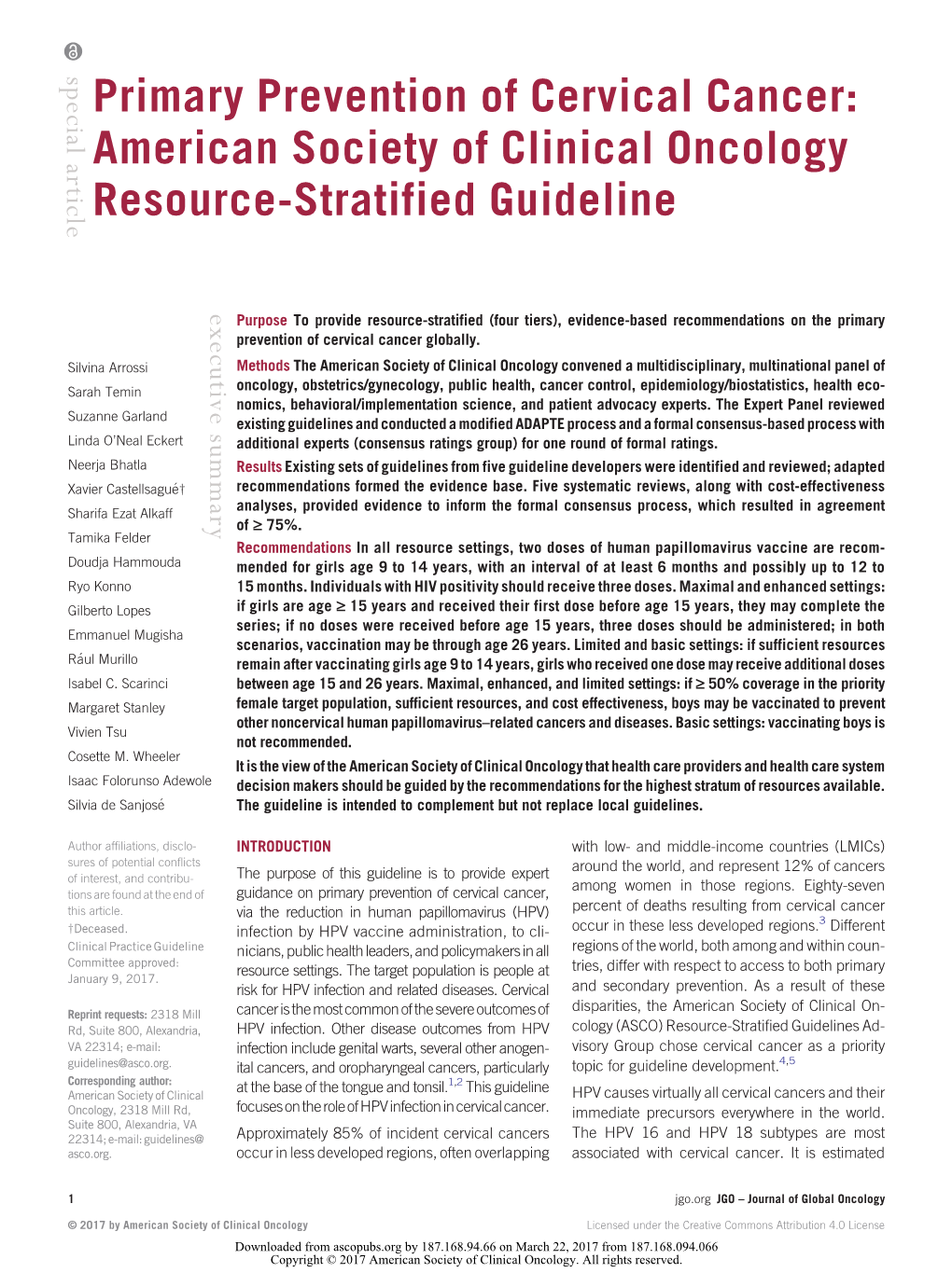 Primary Prevention of Cervical Cancer: American Society of Clinical Oncology Resource-Stratified Guideline