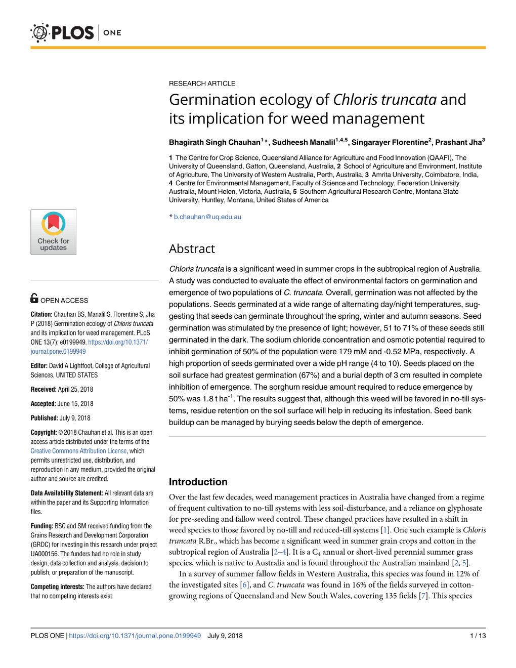 Germination Ecology of Chloris Truncata and Its Implication for Weed Management