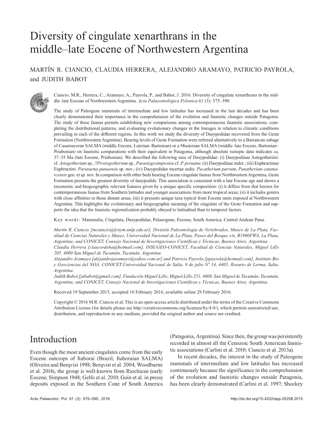 Diversity of Cingulate Xenarthrans in the Middle–Late Eocene of Northwestern Argentina