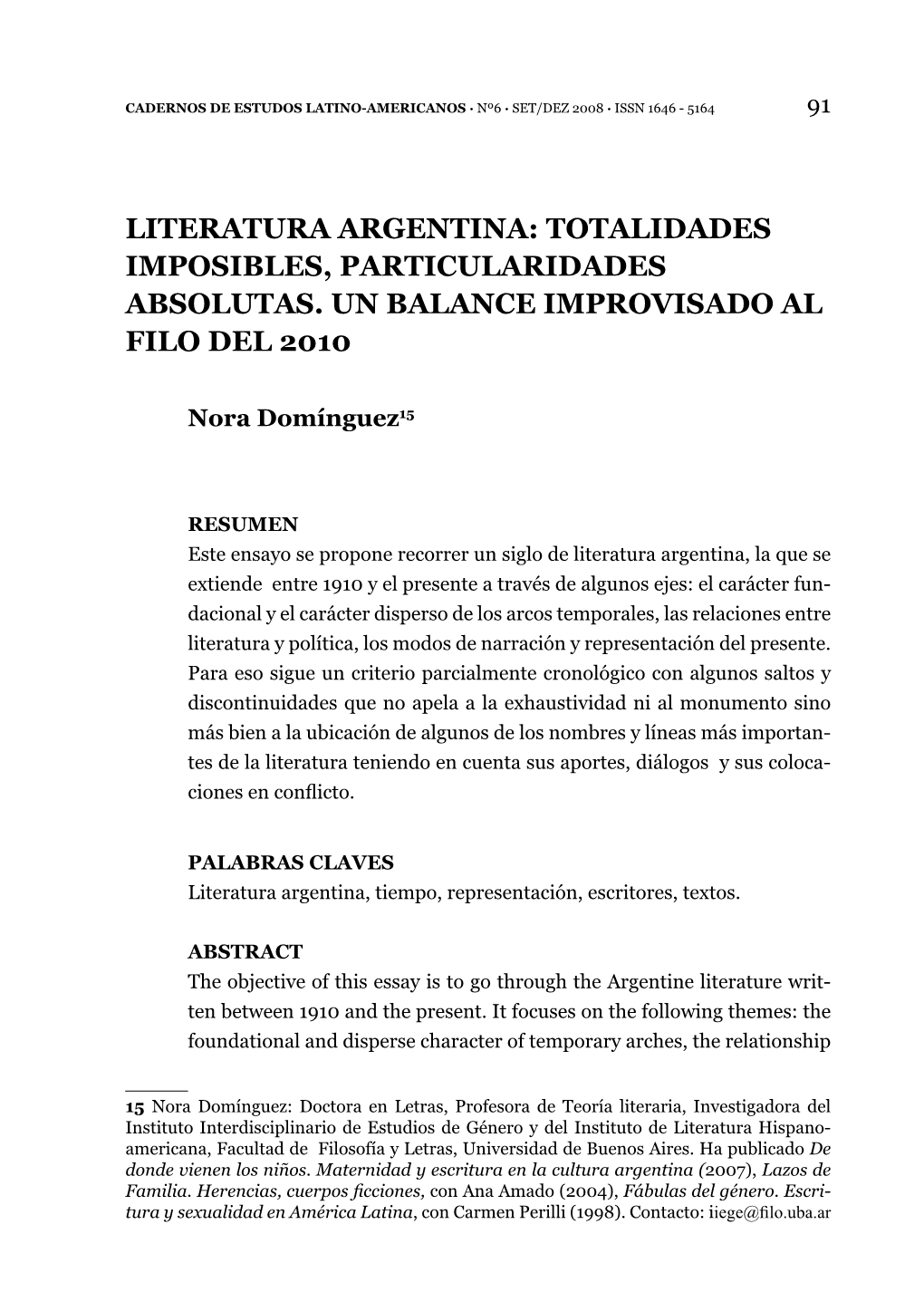 Literatura Argentina: Totalidades Imposibles, Particularidades Absolutas