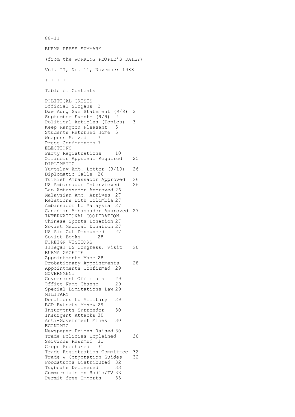 88-11 BURMA PRESS SUMMARY (From the WORKING PEOPLE's