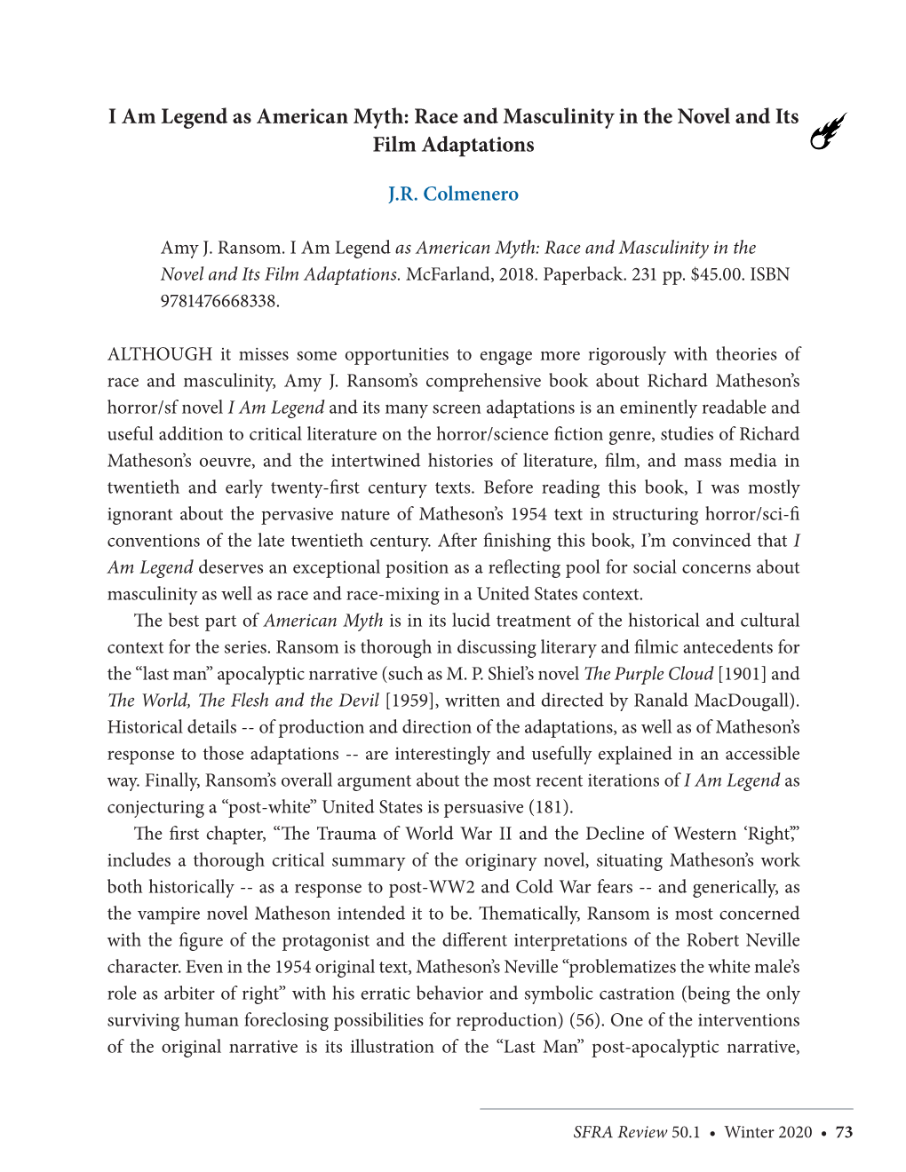 I Am Legend As American Myth: Race and Masculinity in the Novel and Its Film Adaptations