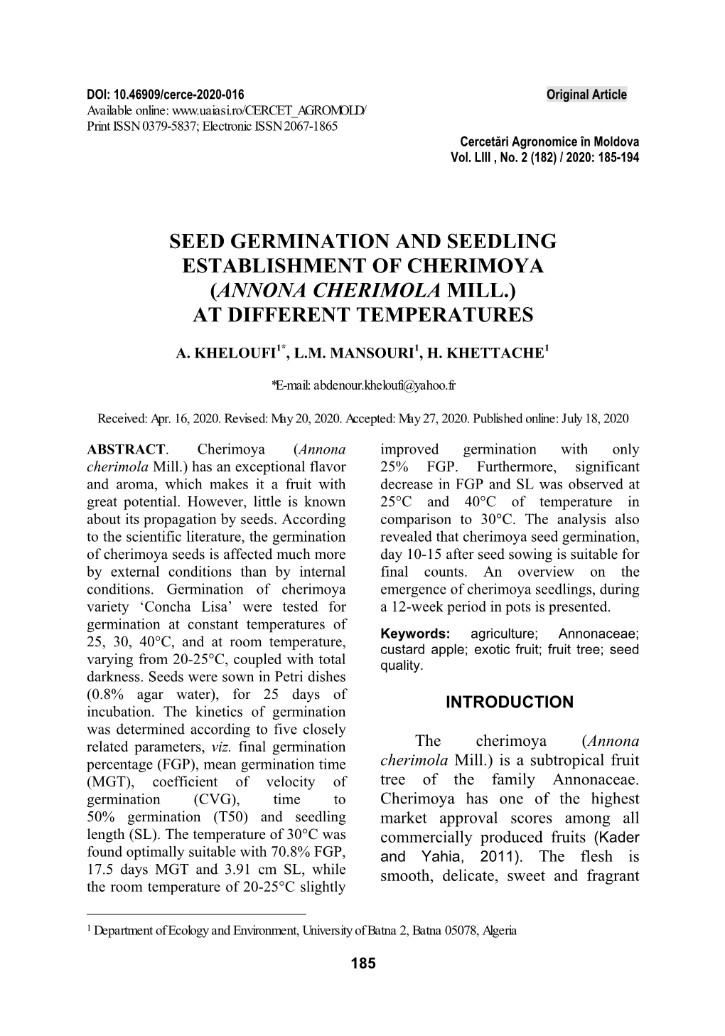 Annona Cherimola Mill.) at Different Temperatures