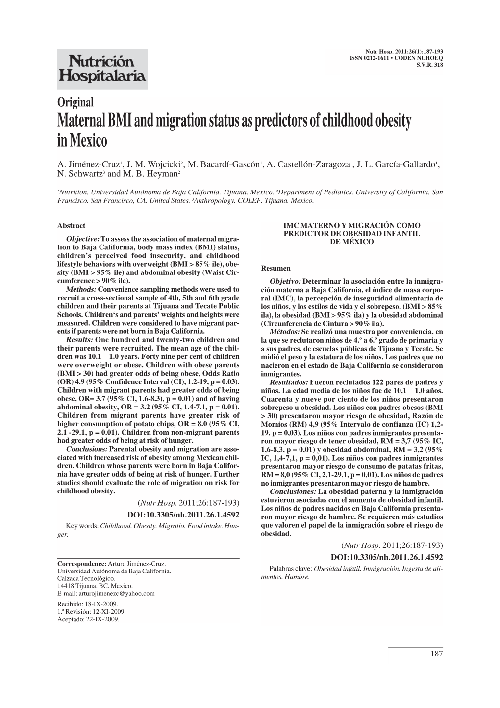 Maternal BMI and Migration Status As Predictors of Childhood Obesity in Mexico