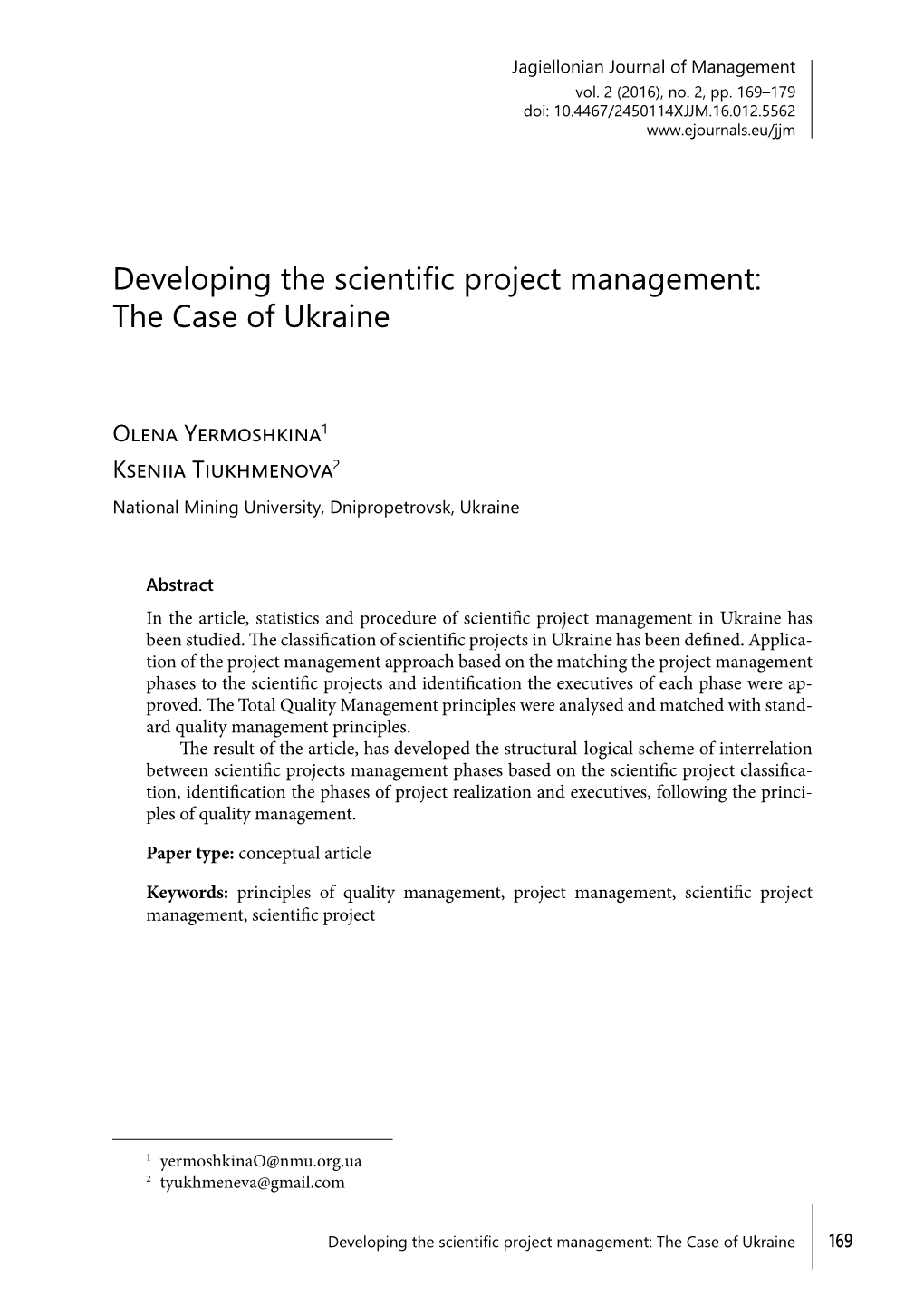 Developing the Scientific Project Management: the Case of Ukraine