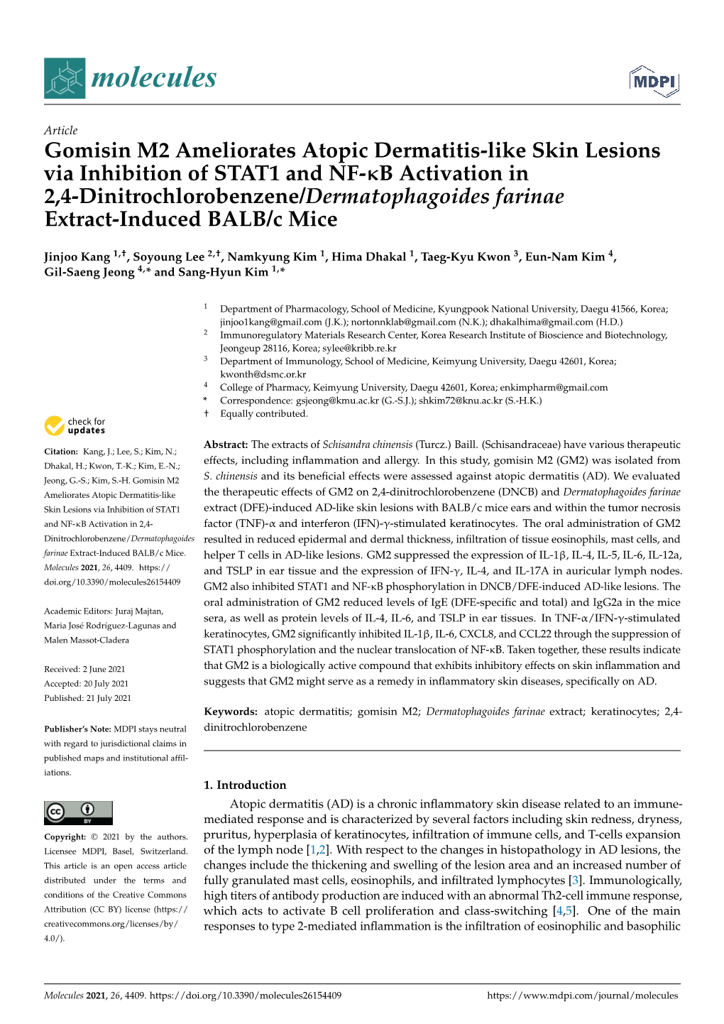 Gomisin M2 Ameliorates Atopic Dermatitis-Like Skin Lesions Via Inhibition of STAT1 and NF-B Activation in 2,4-Dinitrochlorobenze